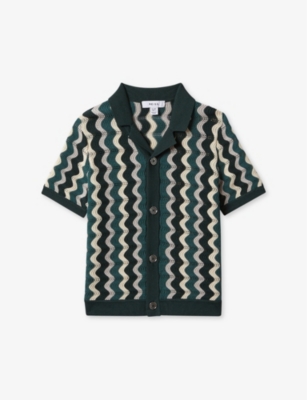 Shop Reiss Boys Greenkids Waves Zig-zag Knitted Shirt 3-14 Years In Green Multi