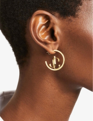 JIMMY CHOO: JC-monogrammed gold metal nickel-free brass hoop earrings