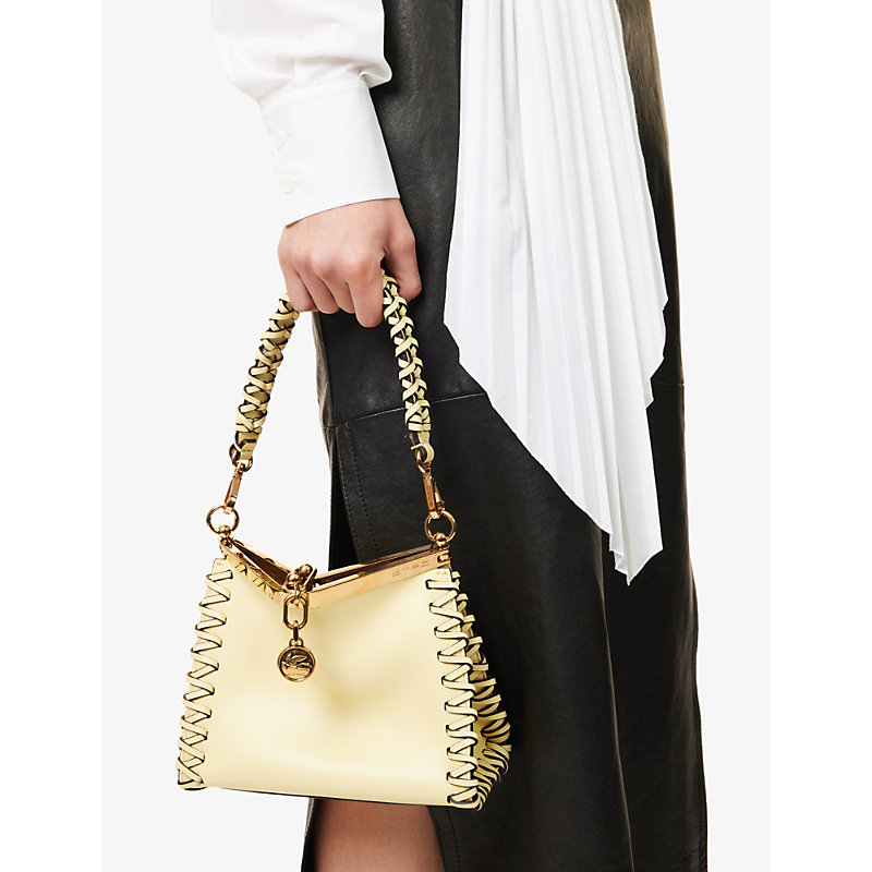 Shop Etro Pale Yellow Vela Braided-strap Leather Top-handle Bag