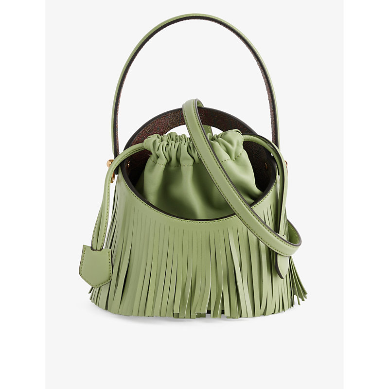 Etro Saturno Fringed Leather Mini Bag In Green