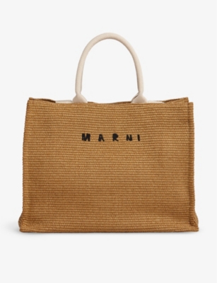 Marni Logo Embroidered Tote Bag In Rawsienna/natural