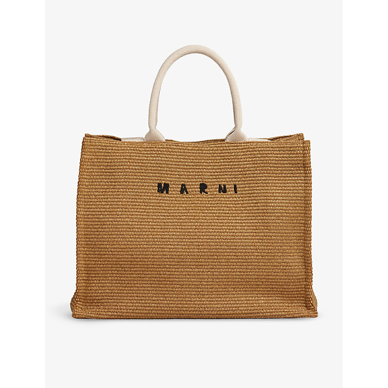 Marni Logo Embroidered Tote Bag In Rawsienna/natural