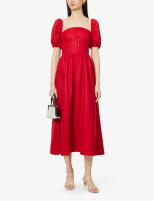 Shop Reformation Women's Cherry Marella Puffed-sleeve Curved-neck Linen Midi Dress