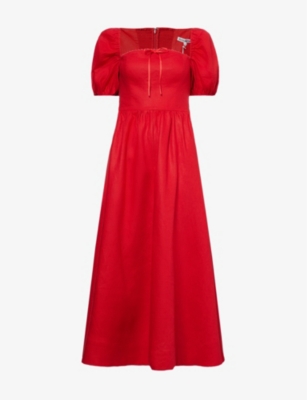 Reformation Womens Cherry Marella Puffed-sleeve Curved-neck Linen Midi Dress