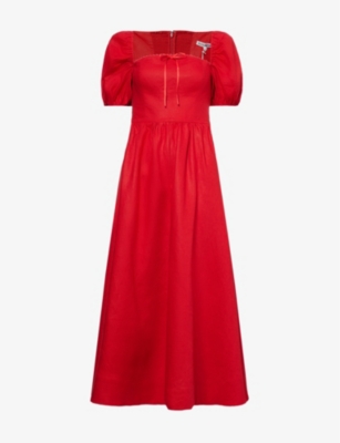 REFORMATION - Marella puffed-sleeve curved-neck linen midi dress |  Selfridges.com