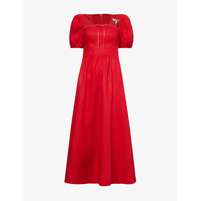 Reformation Womens Cherry Marella Puffed-sleeve Curved-neck Linen Midi Dress
