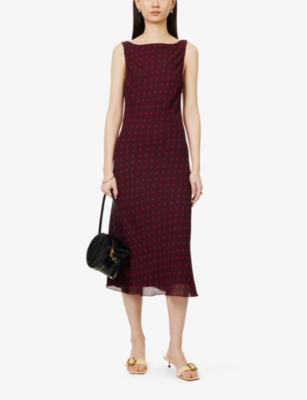 Reformation Womens Berry Dot Topanga Boat-neck Polka-dot Crepe Midi Dress In Berry Dot
