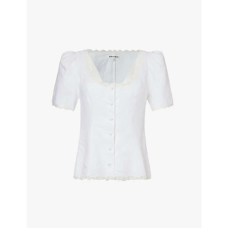 Shop Reformation Women's White Anabella Puffed-shoulder Linen Top