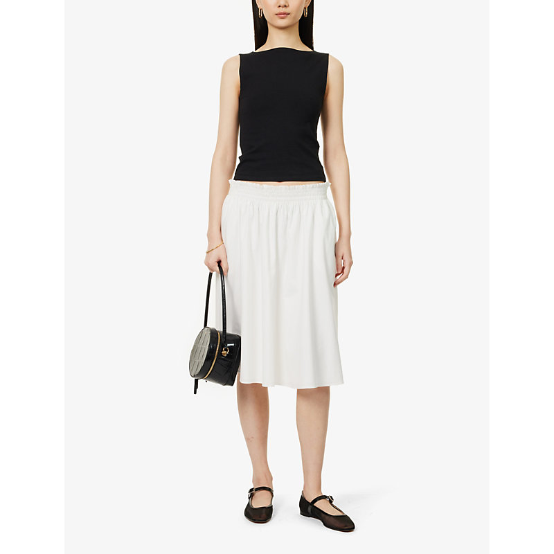 Shop Reformation Womens White Dove High-rise Stretch Organic-cotton Midi Skirt