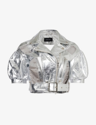 Shop Simone Rocha Womens Silver Metallic Cropped Leather Jacket