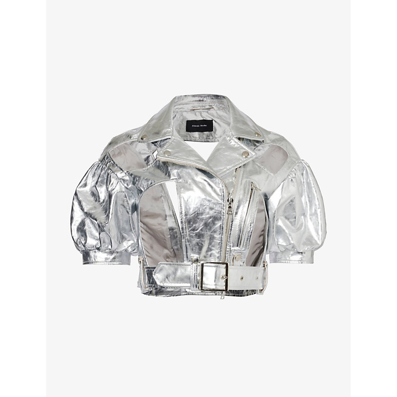 Simone Rocha Metallic Cropped Leather Jacket In Silver
