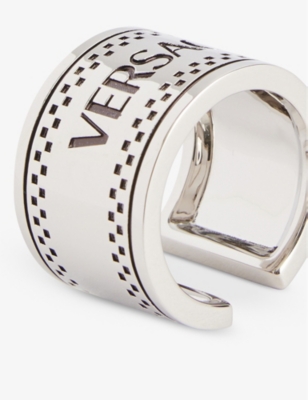 Shop Versace Mens Palladium-black Logo-engraved Wide Metal Ring