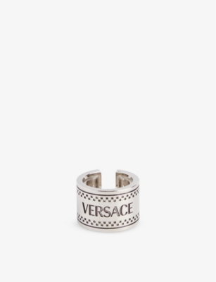 Shop Versace Mens Palladium-black Logo-engraved Wide Metal Ring