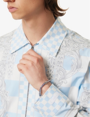 Shop Versace Mens Palladium-pastel Blue Engraved Logo-charm Metal Bracelet