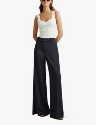 Shop Reiss Womens Solene Split-hem Wide-leg Mid-rise Woven Trousers Navy