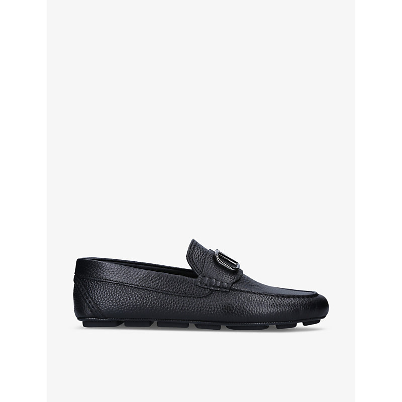 Shop Valentino Garavani Men's Black Vlogo Brand-plaque Leather Driving Shoes