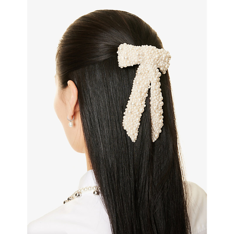 Shop Jennifer Behr Womens Pearl Donna Bow Brand-patch Silk Barrette Hair Clip
