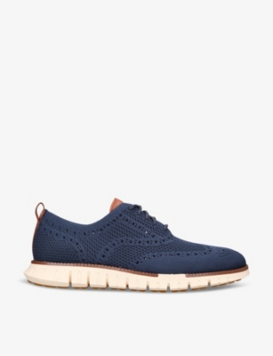 Shop Cole Haan Mens Navy Zerøgrand Wingtip Stitchlite Knitted Oxford Shoes