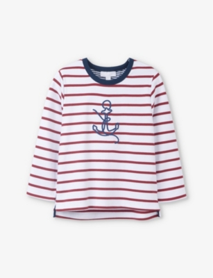 The Little White Company Kids' Anchor-embroidered Stripe Organic-cotton Sweatshirt 0-18 Months In White/ Red