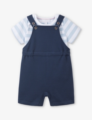 THE LITTLE WHITE COMPANY: Stripe-print short-sleeves organic-cotton dungaree set 0-18 months