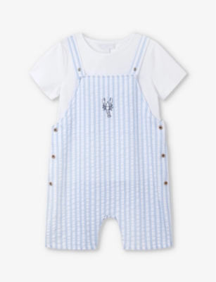 THE LITTLE WHITE COMPANY: Lobster-embroidered striped organic-cotton dungarees 0-18 months