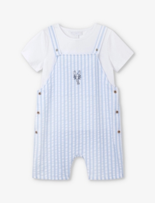 THE LITTLE WHITE COMPANY: Lobster-embroidered striped organic-cotton dungarees 18-6 years