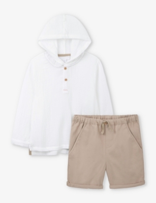 THE LITTLE WHITE COMPANY: Crinkle-effect organic-cotton hoody and short set 0-18 months