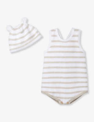 THE LITTLE WHITE COMPANY: Stripe-print sleeveless organic-cotton romper and hat 0-24 months