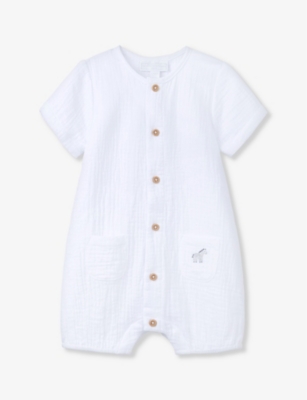 THE LITTLE WHITE COMPANY: Zebra-embroidered button-down crinkle organic-cotton romper 0-24 months