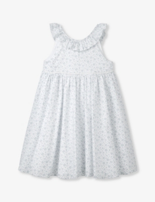 The Little White Company Girls Blue Kids Margot Floral-print Ruffle-trim Organic-cotton Dress 18 Mon