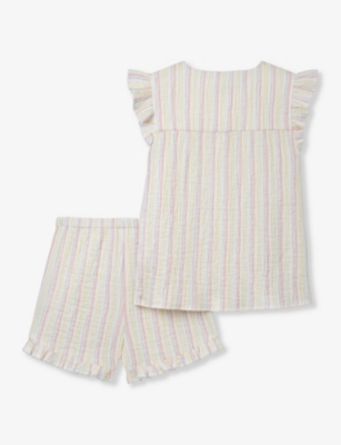 Shop The Little White Company Multi-stripe Ruffle-sleeve Organic-cotton Set 0-18 Months In Multi