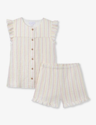 THE LITTLE WHITE COMPANY: Multi-stripe ruffle-sleeve organic-cotton set 0-18 months