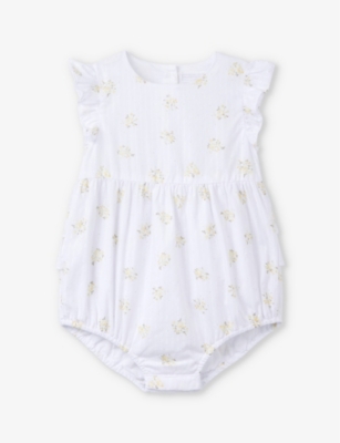 THE LITTLE WHITE COMPANY: Floral-print ruffled organic-cotton romper 0-24 months