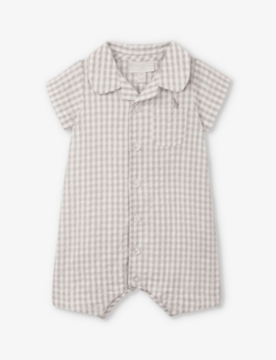 THE LITTLE WHITE COMPANY: Gingham-check giraffe-embroidered organic-cotton romper 0-24 months