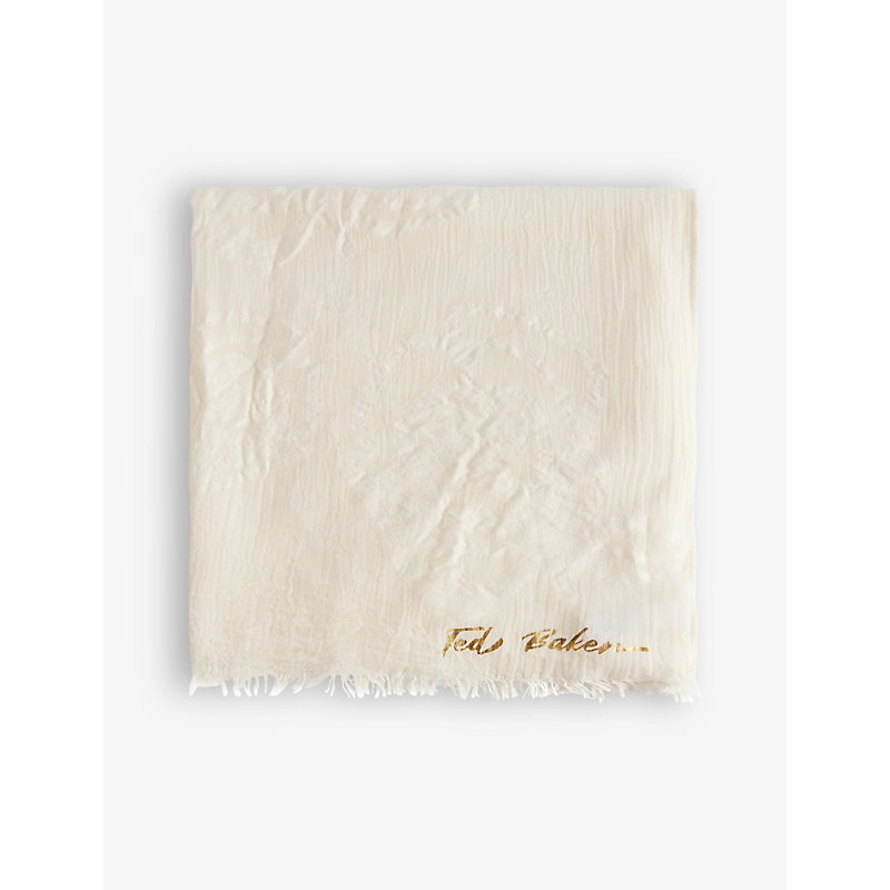 Shop Ted Baker Keliee Logo-print Frayed Cotton-blend Scarf In Cream