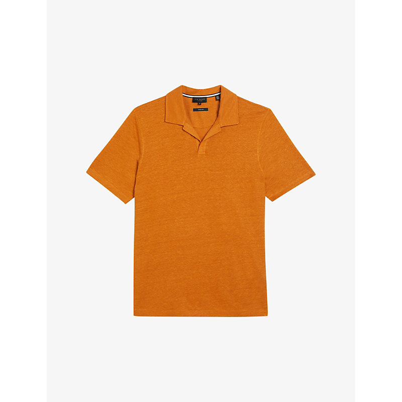 Shop Ted Baker Men's Mid-orange Flinpo Regular-fit Short-sleeve Linen Polo
