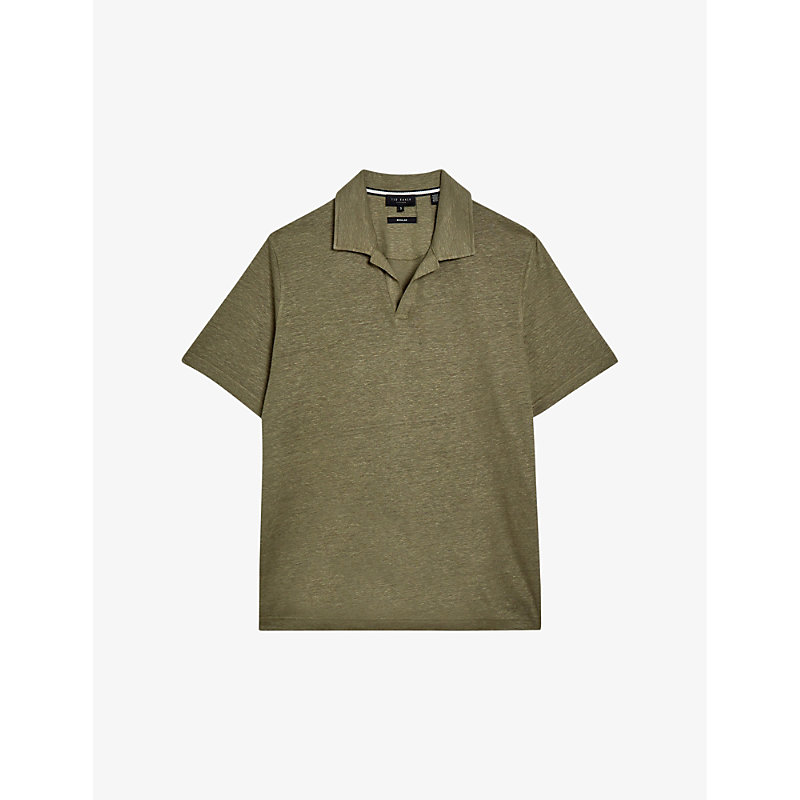 Shop Ted Baker Mens Olive Flinpo Regular-fit Short-sleeve Linen Polo