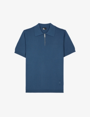 Shop The Kooples Logo-embroidered Zip-neck Knitted Polo In Middle Navy
