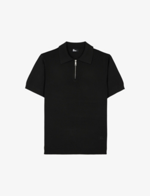 Shop The Kooples Mens Black Zip-neck Regular-fit Knitted Polo T-shirt