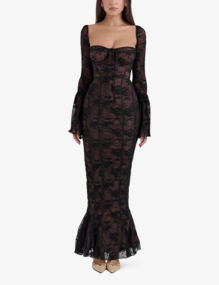 HOUSE OF CB OF CB WOMENS BLACK DELILAH CORSETED LACE MAXI DRESS XS 
