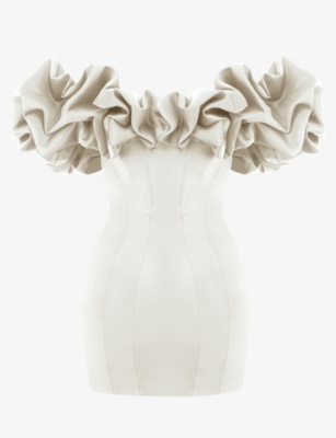House Of Cb Womens Ivory Selena Ruffle-trim Strapless Satin Mini Dress