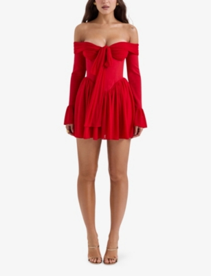 Shop House Of Cb Of Cb Womens Scarlet Alana Off-the-shoulder Stretch-woven Mini Dress