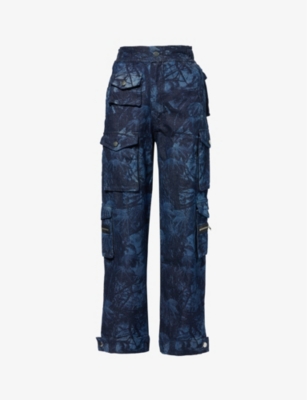 EB DENIM: Abstract-print straight-leg high-rise denim cargo trousers