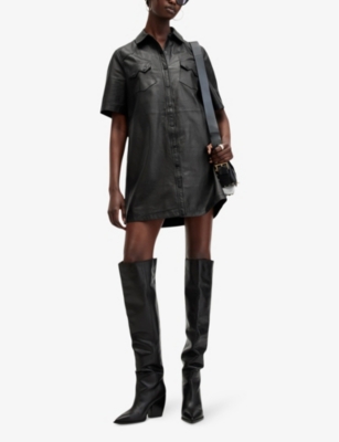Allsaints Womens Black Rock Short-sleeve Leather Mini Dress In Black