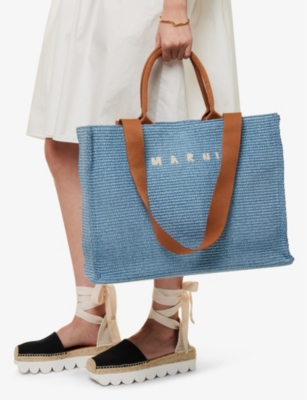 Shop Marni Womens Opal/moca Logo-pattern Large Cotton-blend Tote Bag