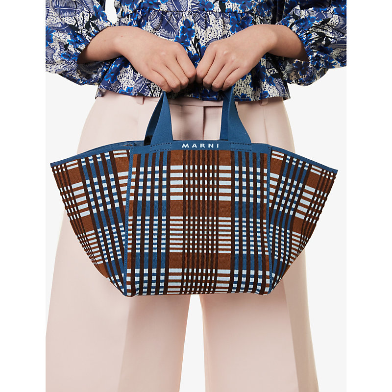 Shop Marni Womens Light Blue/rust Check-pattern Small Woven Tote Bag