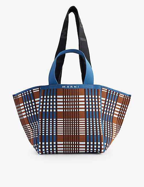 MARNI: Check-pattern small woven tote bag
