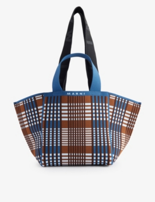 Marni Check-pattern Small Woven Tote Bag In Light Blue/rust