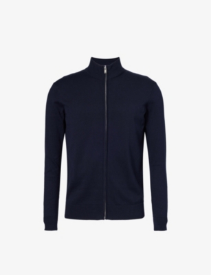 Shop Arne Funnel-neck Regular-fit Cotton-knit Jacket In Navy