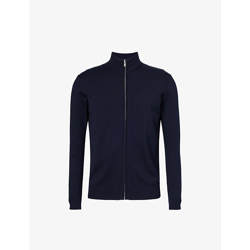 Shop Arne Funnel-neck Regular-fit Cotton-knit Jacket In Navy
